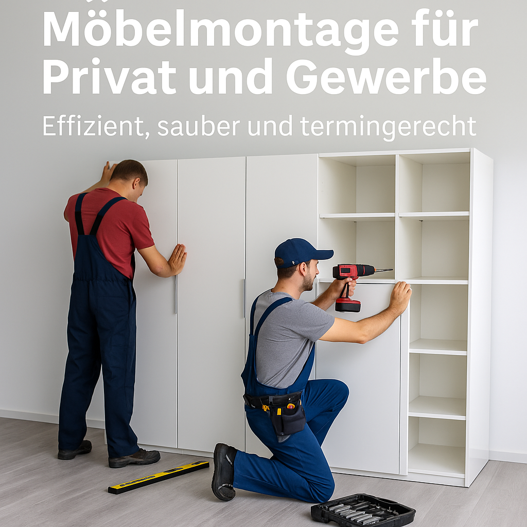 Zwei Monteure bei der fachgerechten Möbelmontage in einem privaten Haushalt – effizient, sauber und termingerecht